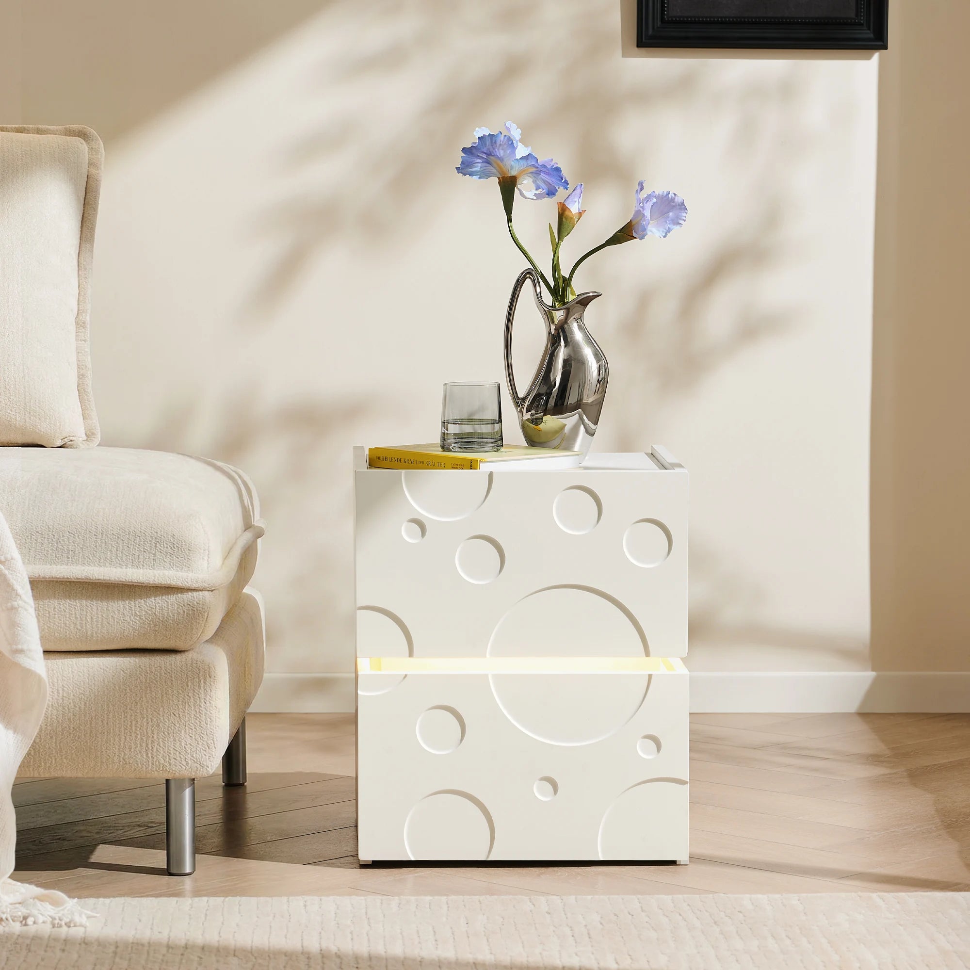 Bubbli White LED Bedside Table in a Calm Modern Bedroom