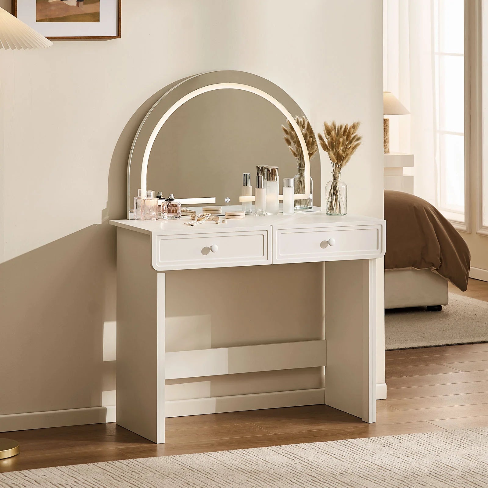Ceris 2 Drawer Dressing Table in White with Rounded LED Mirror