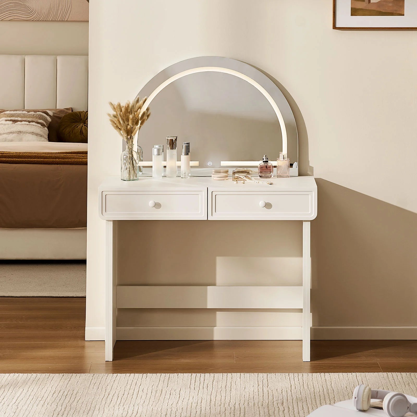 Ceris White Dressing Table with Rounded Mirror and Two Drawers