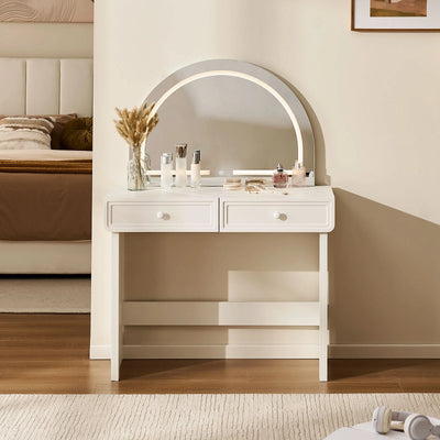 Ceris White Dressing Table with Rounded Mirror and Two Drawers