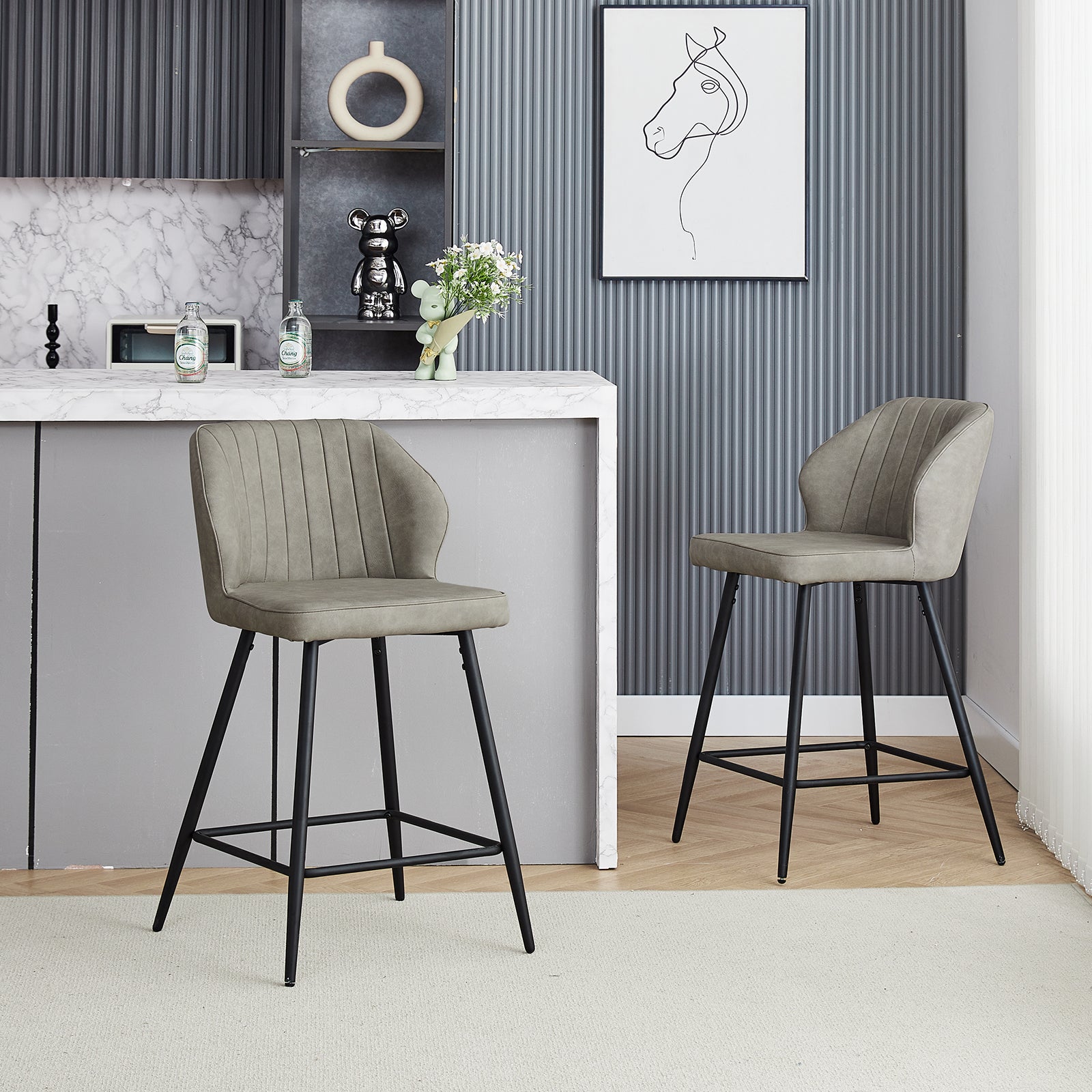 Danforth Faux Leather Bar Stool 65 cm in Light Grey with Curved Backrest