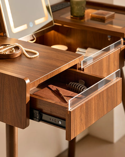 Elora walnut dressing table with two drawers open to display practical storage space