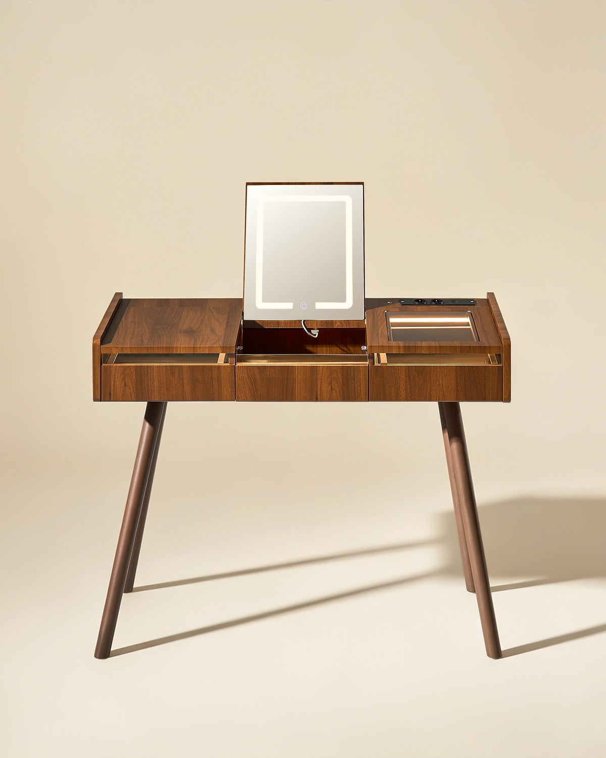 Front view of the Elora walnut-effect dressing table with rounded edges, two drawers and central flip-top mirror