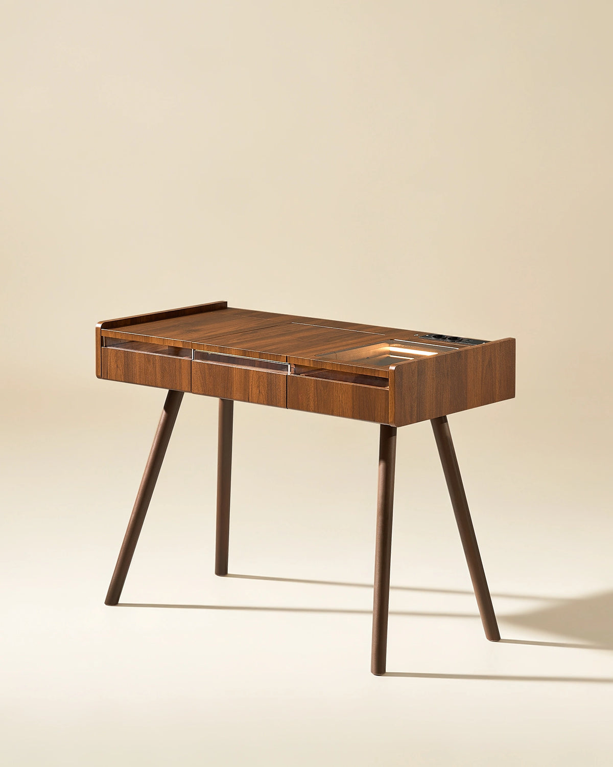 Side view of the Elora dressing table highlighting its walnut-effect finish, slim profile and solid beech wood legs