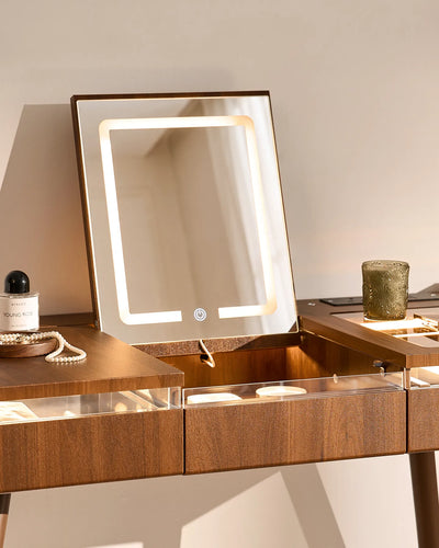 Elora dressing table with flip-top mirror open to reveal the concealed storage compartment
