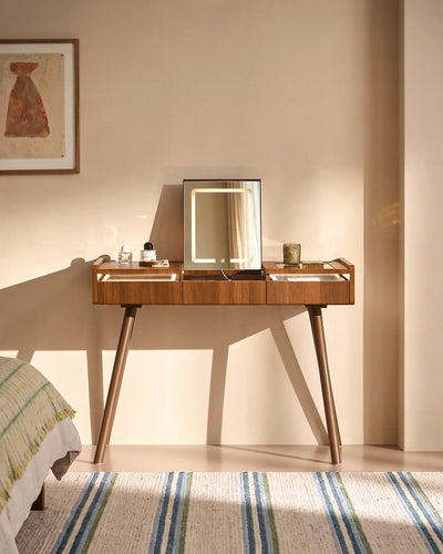 Elora walnut-effect dressing table styled in a contemporary bedroom with warm neutral decor