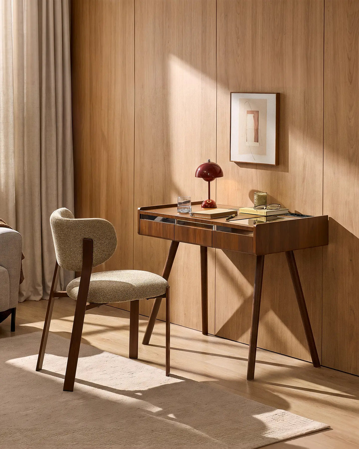 Elora dressing table with illuminated flip-top mirror styled with everyday beauty essentials