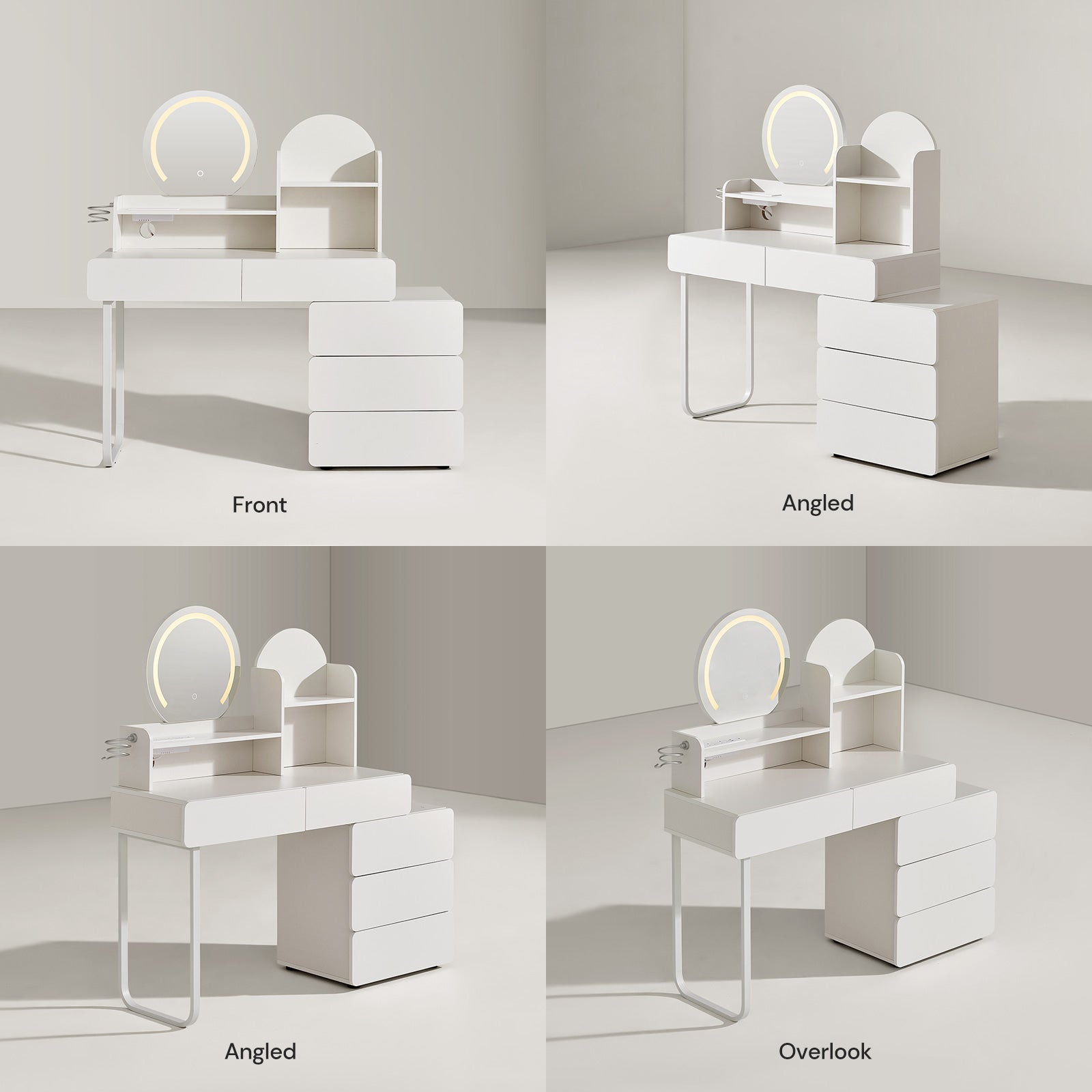 Gloria White Dressing Table with Mirror and Rolling Cabinet