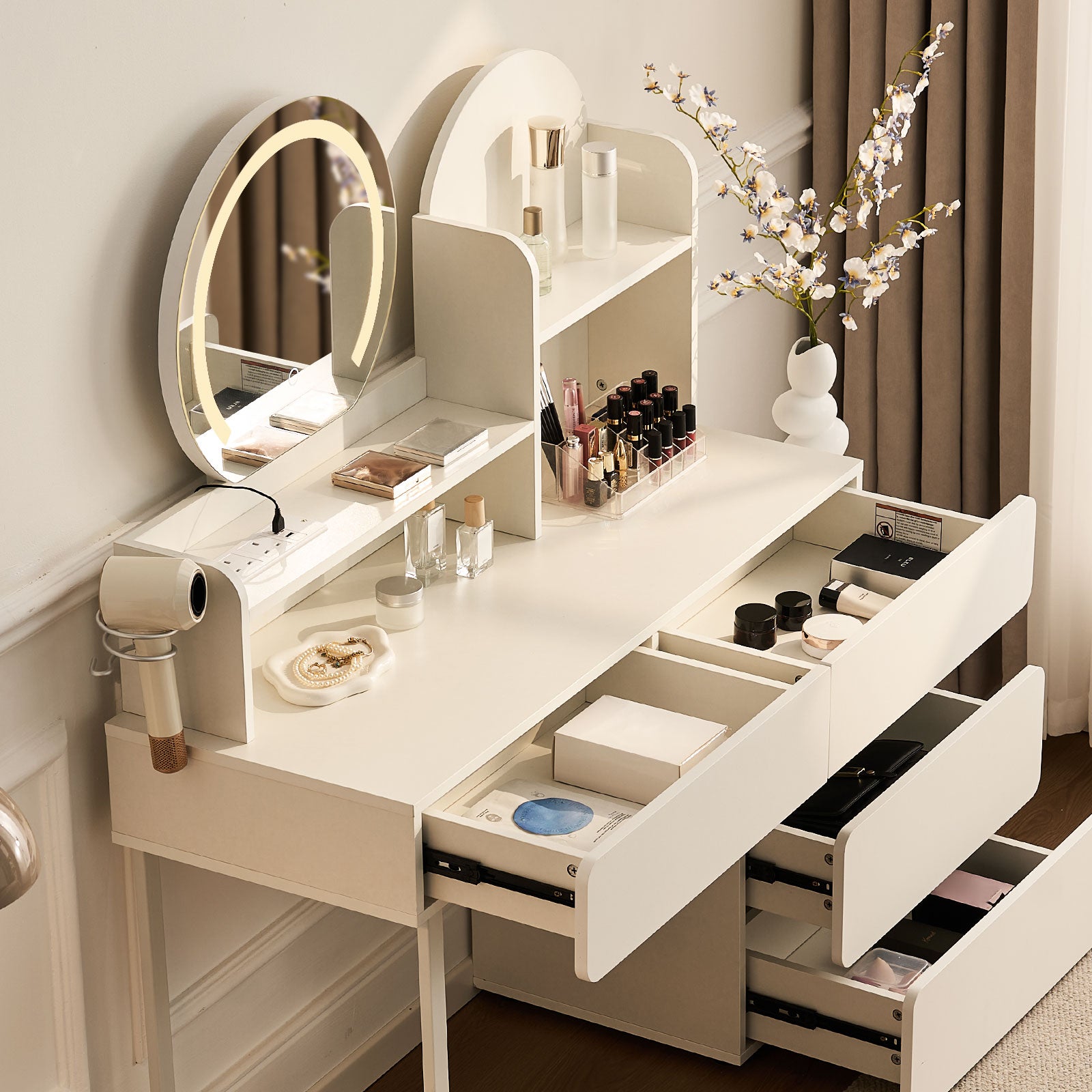 Gloria White Vanity Table with Spacious Storage and Rolling Cabinet