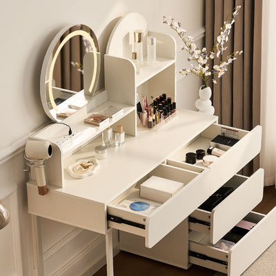 Gloria White Vanity Table with Spacious Storage and Rolling Cabinet