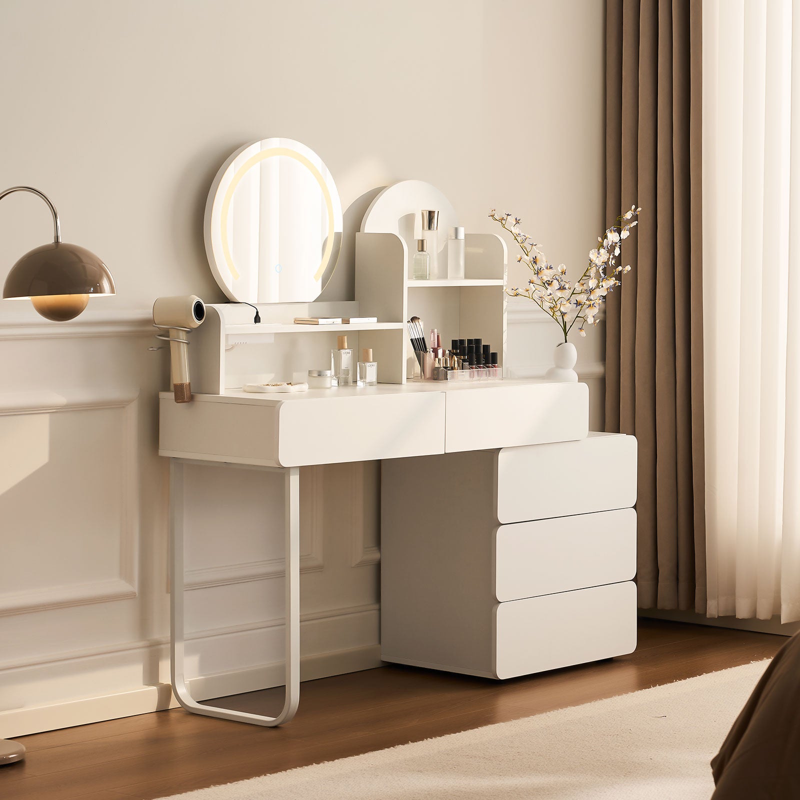 Gloria White Vanity Table with Curved Design and Storage Cabinet
