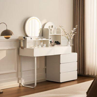 Gloria White Vanity Table with Curved Design and Storage Cabinet