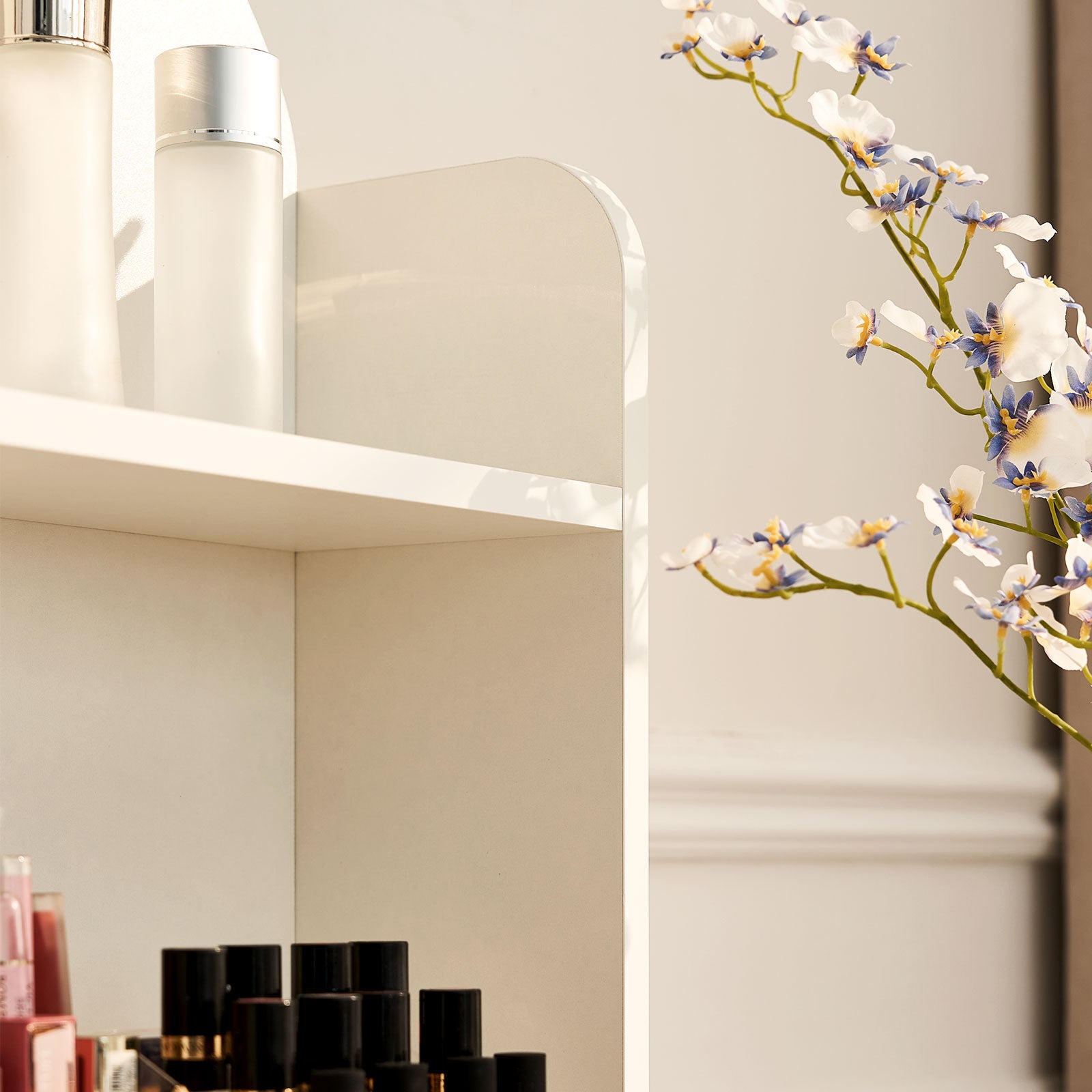 Gloria White Vanity Table with Curved Design and Storage Cabinet