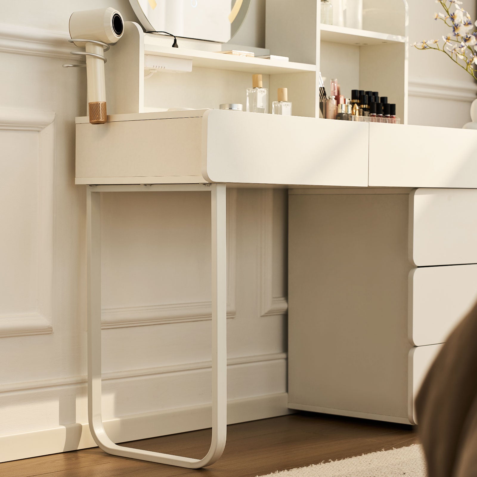 Gloria White Vanity Table with Curved Design and Storage Cabinet