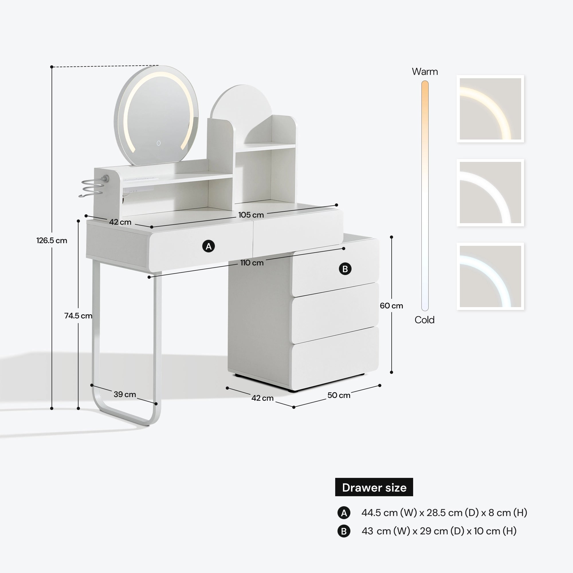 Gloria Dressing Table with Mirror and Rolling Cabinet – Dimensions and Measurements