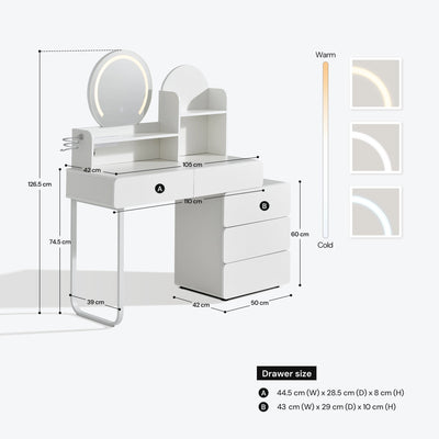 Gloria Dressing Table with Mirror and Rolling Cabinet – Dimensions and Measurements