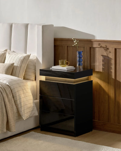 Kumar Smart LED Bedside Table in Black with High-Gloss Drawers
