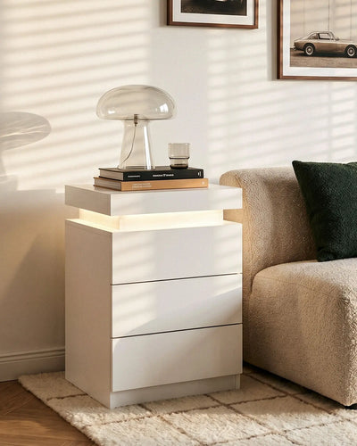 Kumar White Smart RGB Bedside Table in a Modern Bedroom