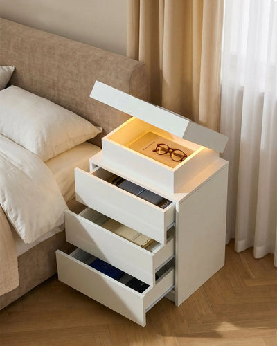 Kumar White Bedside Table with Three Spacious Drawers and Hidden Storage
