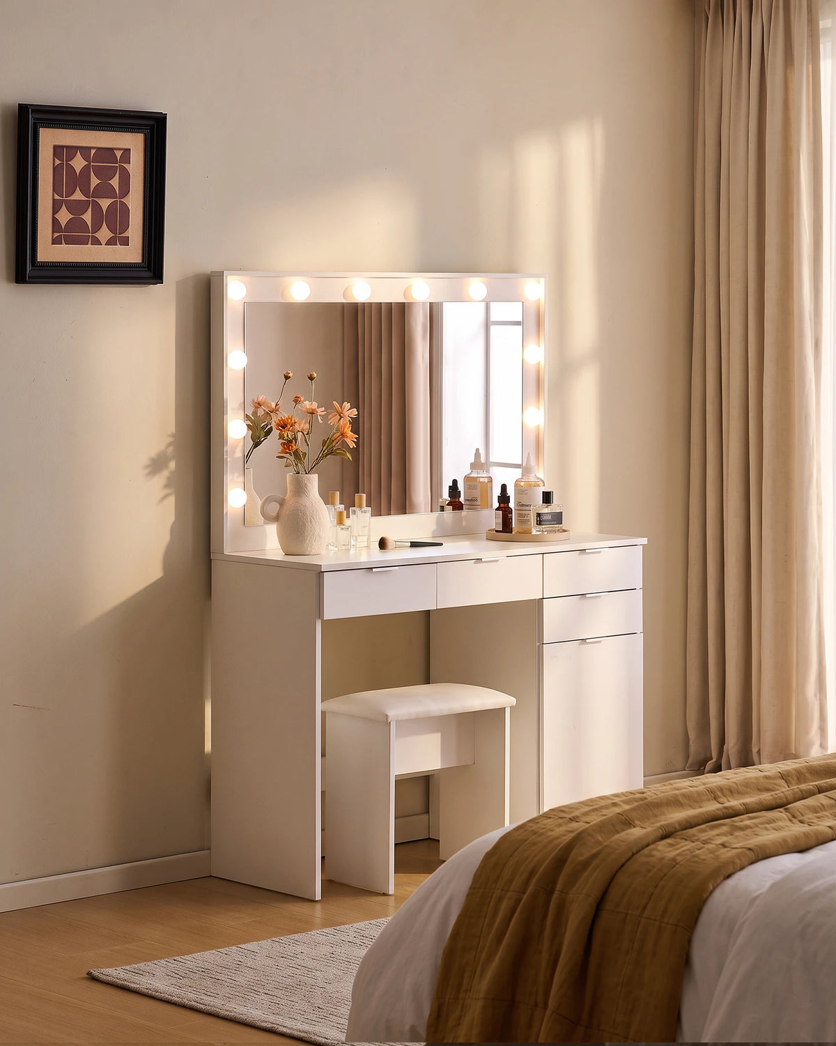 Lunea white dressing table with matching stool and large LED mirror