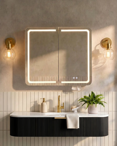 Mira Bathroom Mirror Cabinet with Black Interior and Double Mirrored Doors