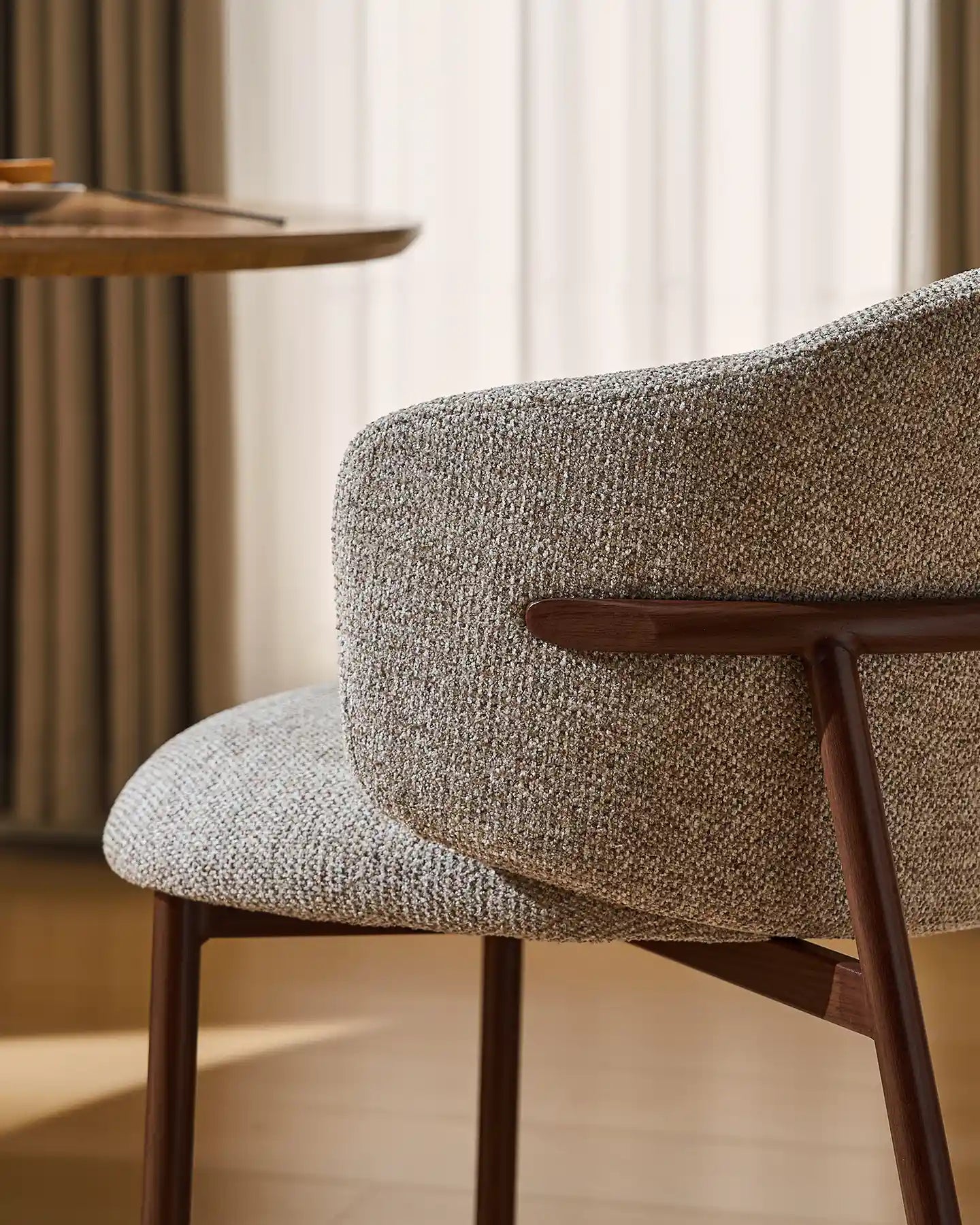 Side view of Nolan taupe chenille dining chairs