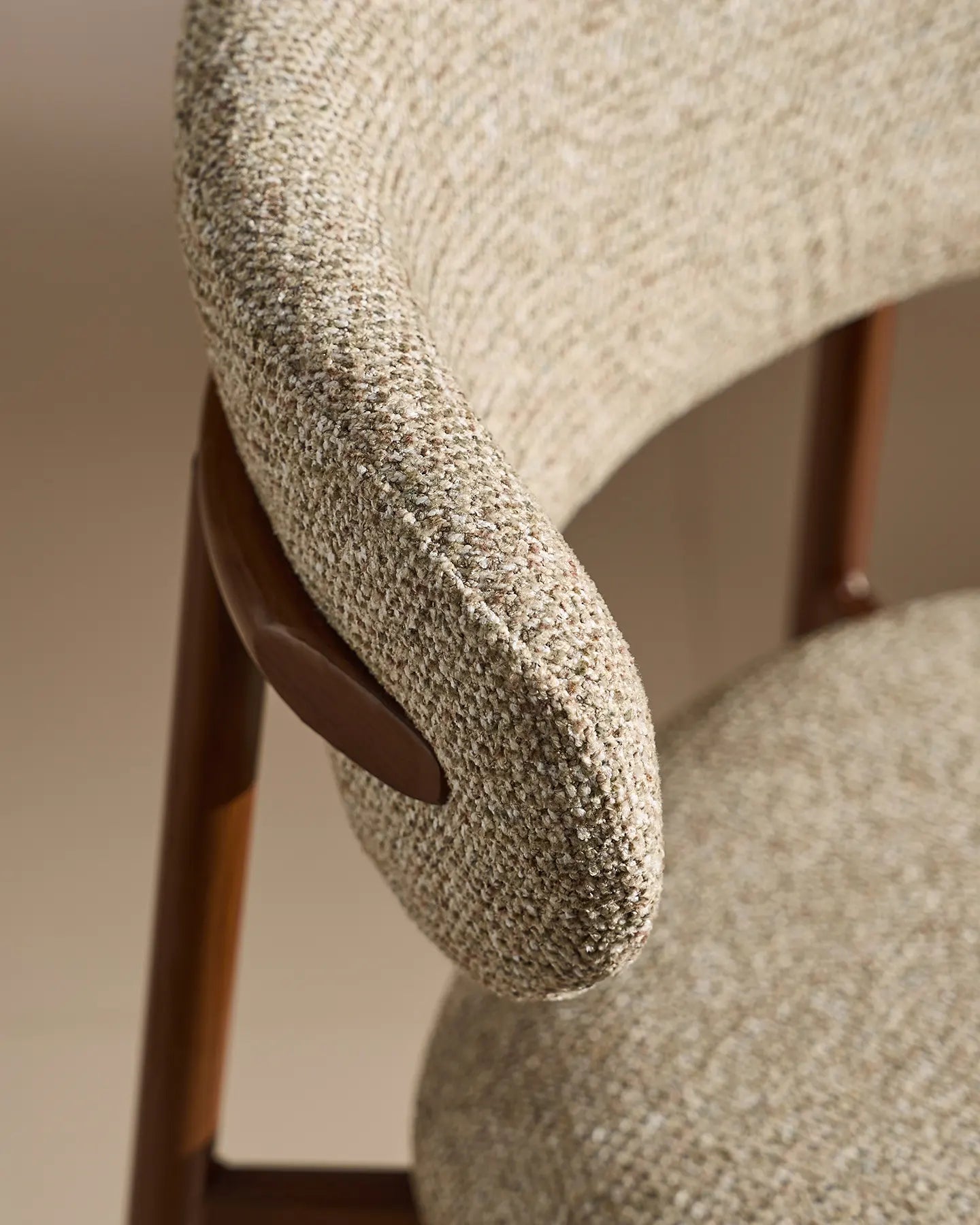 Close-up of taupe chenille upholstery on Rowan bar stools