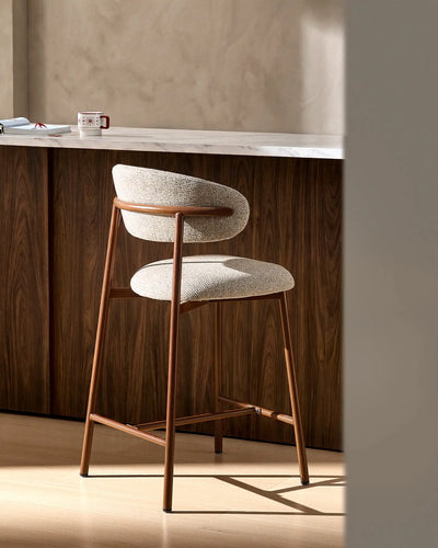 Rowan taupe chenille bar stools in a modern kitchen and dining space