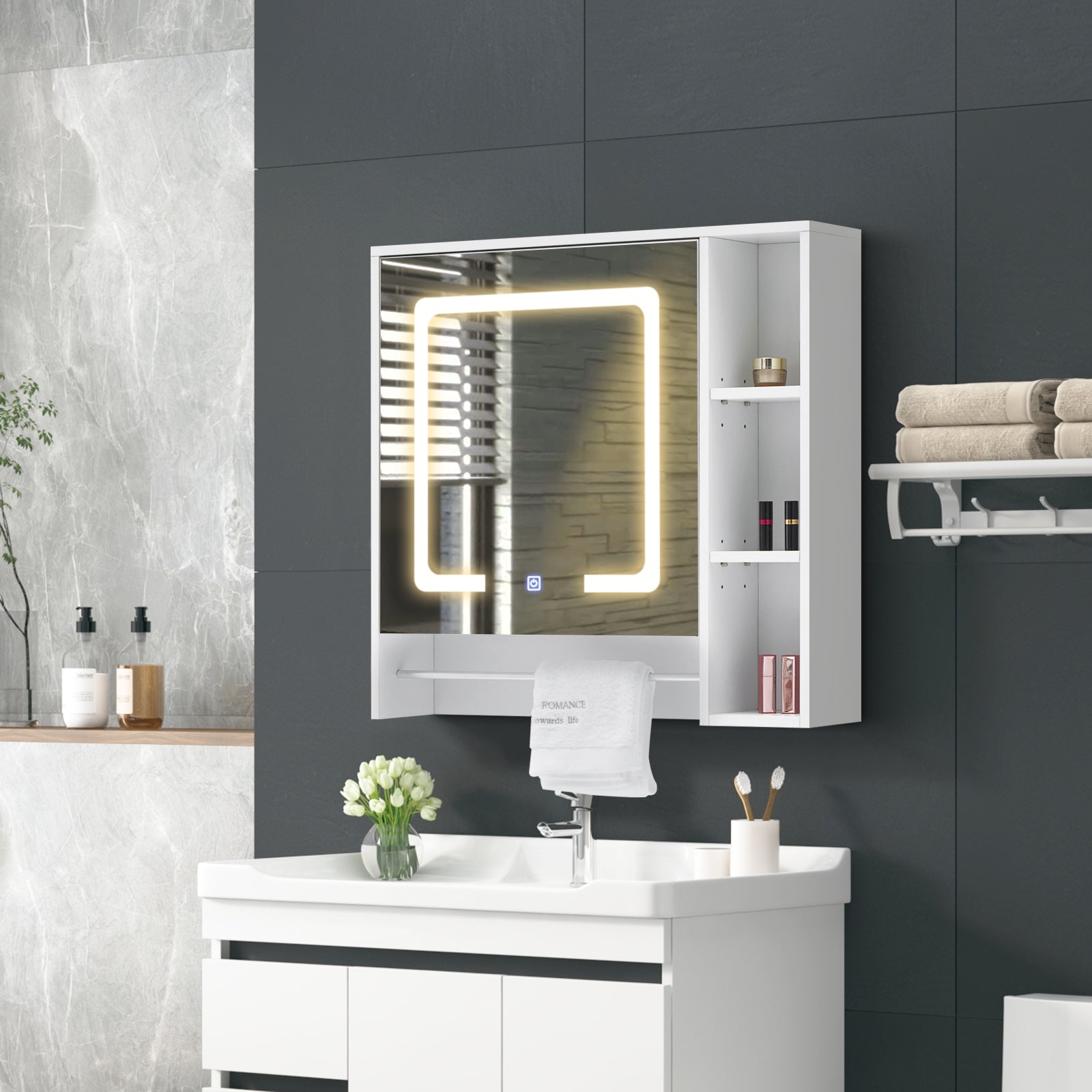 Tavion Bathroom Mirror Cabinet with Lights (1 Door+3 Shelves)